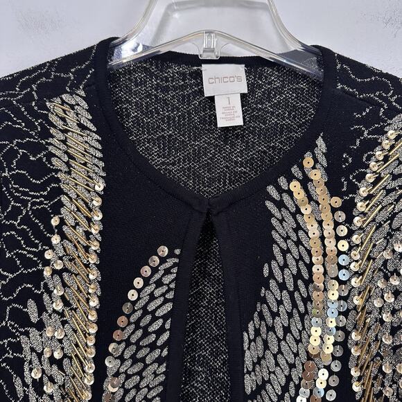 Chicos Sequin Open Front Jacket M Cardigan Black Gold Party Cocktail Knit Bling - Picture 2 of 10